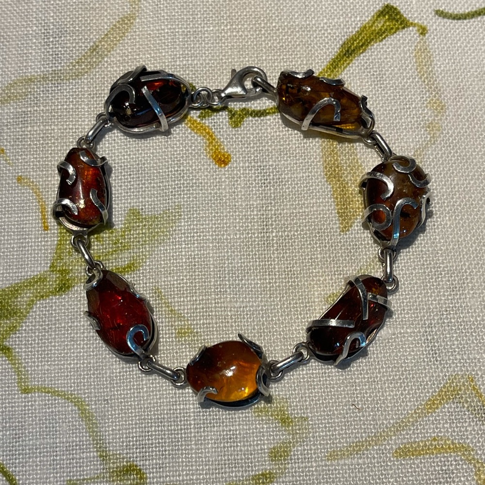 Abstract Sterling Silver and Natural Amber Bracelet